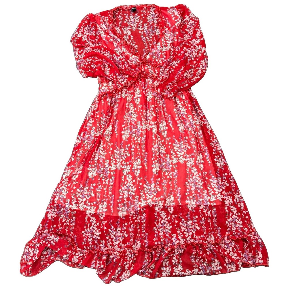 SHEIN Red Ditsy Floral Midi Dress XL 12 V-Neck Ruffle Hem Cottagecore Boho Sun